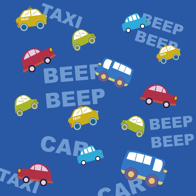 Carro, táxi e ônibus padrão de vetor de bebê sem emenda bonito. ilustração engraçada para crianças
