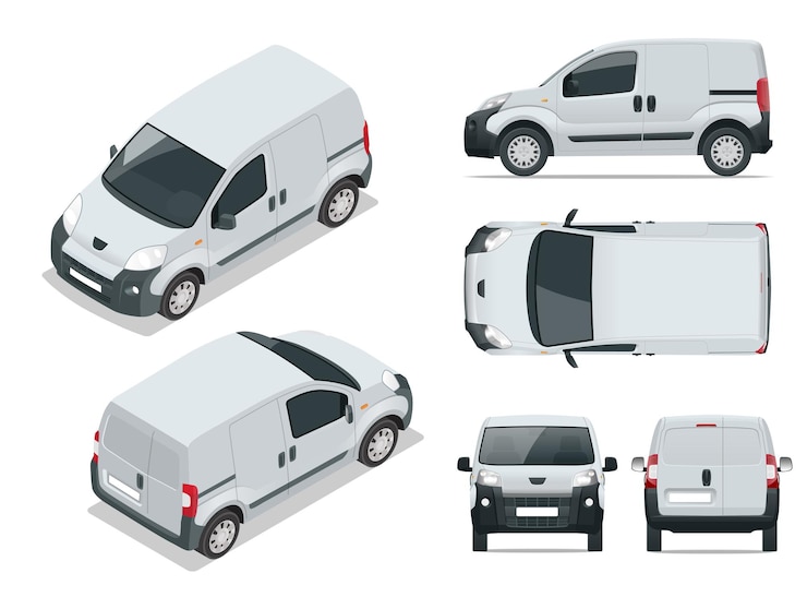 Vetor carro van pequeno. carro isolado, modelo para marca de carro e publicidade. frente, traseira, lateral, superior e isometria frente e verso. altere a cor em um clique. todos os elementos em grupos em camadas separadas.