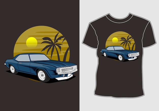 Carro verão pôr do sol praia mar natureza linha ilustração gráfica arte design de t-shirt