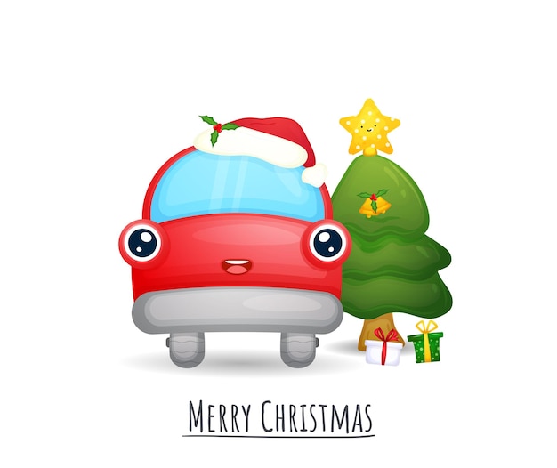 Carro vermelho fofo com chapéu de papai noel para ilustração de feliz natal conjunto premium vector