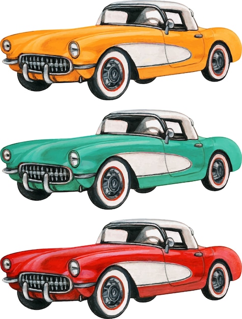 Carros antigos coloridos desenhados à mão em aquarela