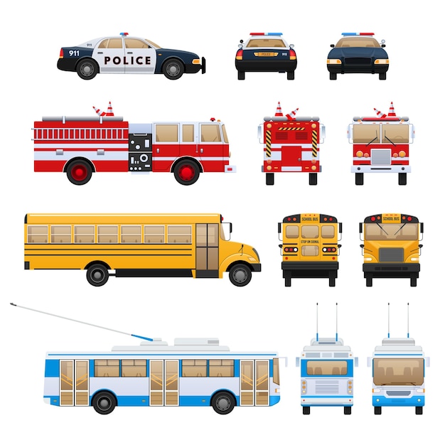 Vetor carros da cidade transporte serviço de bombeiros serviço de resgate de ônibus escolar polícia