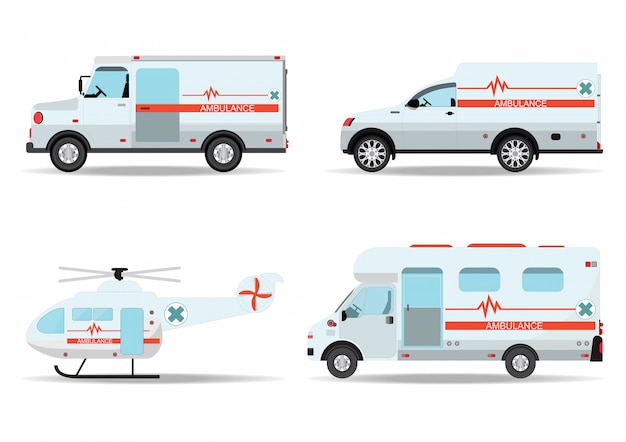 Carros de ambulância e ambulância de emergência de helicóptero.