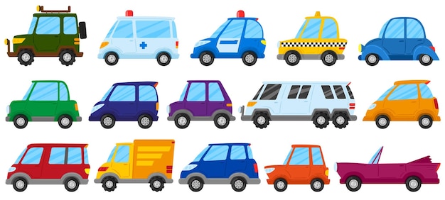 Carros de brinquedo de crianças dos desenhos animados, transporte de jogo bonito. conjunto de ilustração vetorial de carro de brinquedo de crianças, caminhão, ambulância e carro de polícia. veículos infantis coloridos