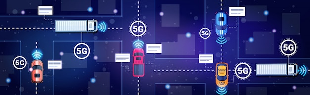 Carros diferentes no tráfego rodoviário conceito de conexão de sistemas sem fio on-line 5g