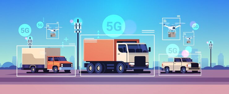 Vetor carros dirigindo estrada rede de comunicação sem fio de veículos 5g estação base receptor transmissor de informação conceito de sistema de monitoramento de tráfego