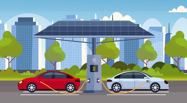 Carros elétricos de carregamento na estação de carga elétrica com painéis solares renovável eco-amigável transporte ambiente conceito de cuidado paisagem urbana moderna fundo horizontal