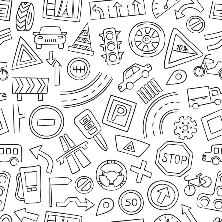 Carros estrada objetos sinais de trânsito e símbolos de automóveis Padrão sem emenda no estilo doodle Vetor