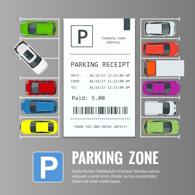 Vetor carros no estacionamento e bilhetes de estacionamento. parque de estacionamento público. ilustração plana para web. transporte urbano. grande número de carros em um estacionamento lotado.