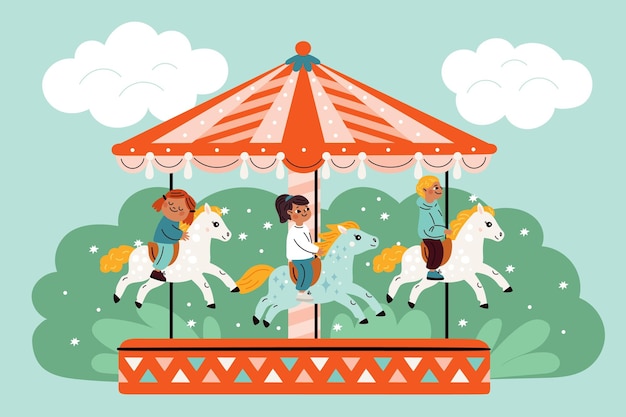 Carrossel de cavalos para crianças parque de entretenimento meninos e meninas andando de carrossel crianças em animais decorativos atração de diversões rotunda com pôneis engraçados conceito de vetor extravagante
