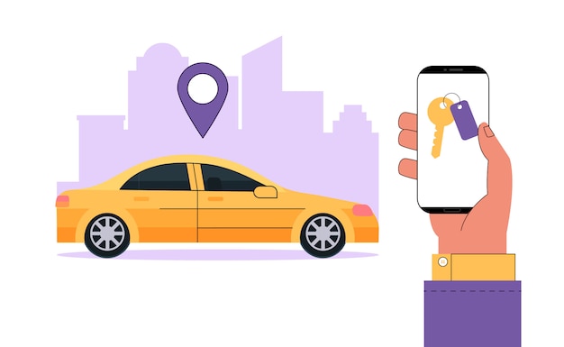 Vetor carsharing moderno ou conceito de serviço de aluguel de carro. mão segura o smartphone com informações de um aplicativo para encontrar uma localização de carro.