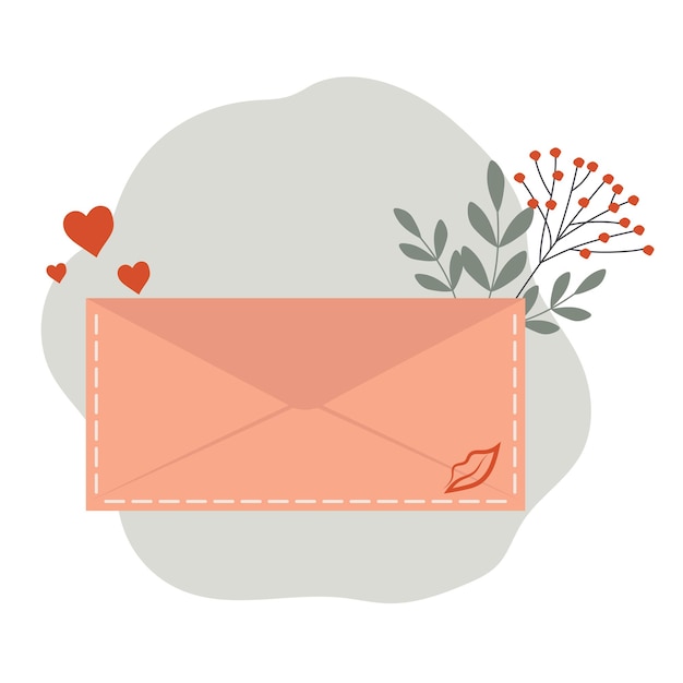 Carta com flores beijo e coração ilustração plana desenho de cartão de Dia dos Namorados cartão postal bonito