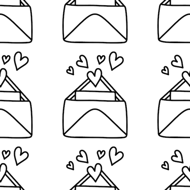 Carta de amor bonito doodle, envelope com padrão de coração. ilustração vetorial desenhada a mão