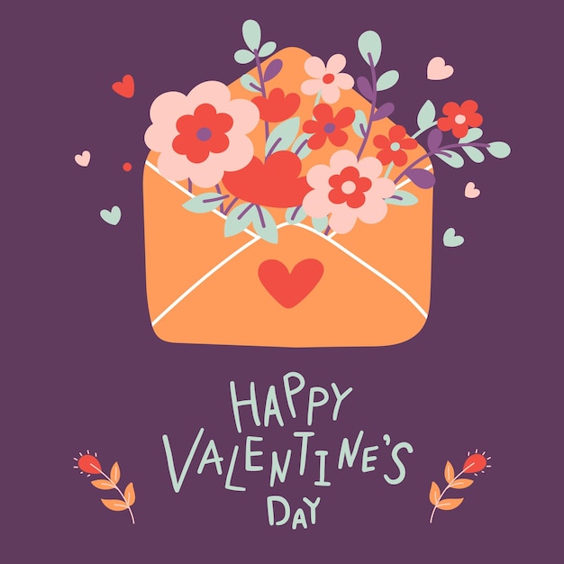 Carta de cartão de dia dos namorados com flores e letras de mão estilo plano vetor de desenho animado
