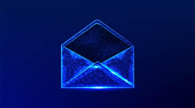 Carta de correio de mensagem aberta abstrata design de malha de arame de baixo poli de conexão de ilustração vetorial de ponto e linha em fundo azul