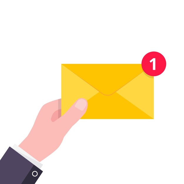 Carta de envelope amarelo de mão com o número 1 nele conceito de e-mail nova mensagem ou estilo de SMS plano