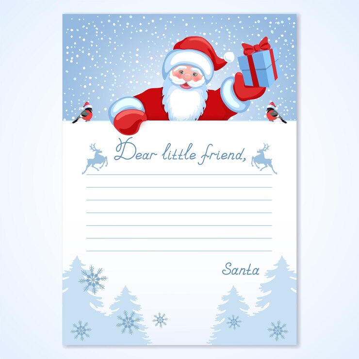 Vetor carta de layout do papai noel com inscrição querido pequeno amigo e papai natal com caixa de presente de natal
