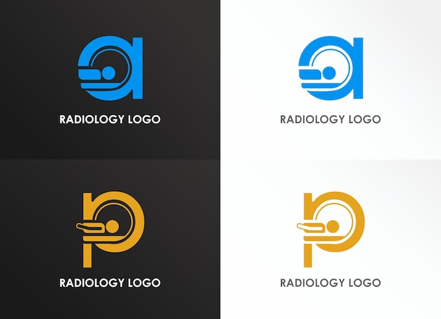 Carta de logotipo de radiologia e letra p clínica hospital centro médico com tomografia computadorizada e máquina de ressonância magnética