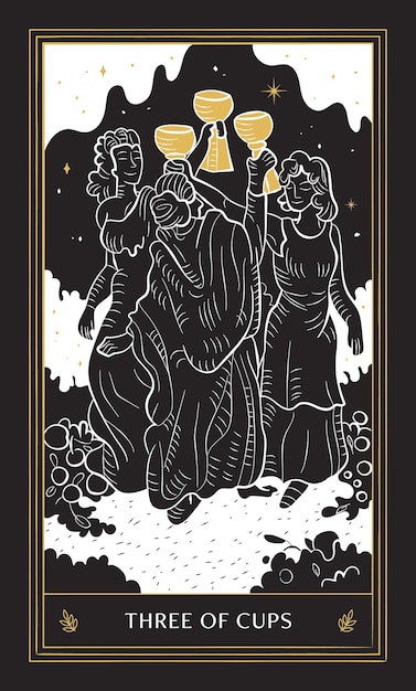 Carta de tarô de três copas em arcanos menores com ouro preto e branco estilo doodle vetorial desenhado à mão