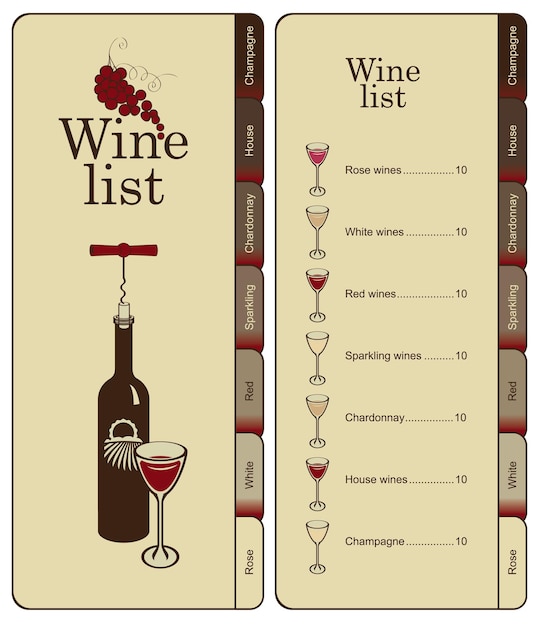 Vetor carta de vinhos com lista de preços
