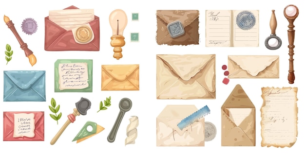 Vetor carta postal em papel com selo de cera de selo postal e nota de selo de correio e conjunto de envelopes vetoriais abertos feitos à mão