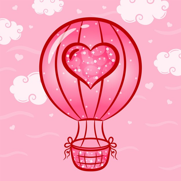 Cartão bonito do balão do dia dos namorados com nuvens e coração voador