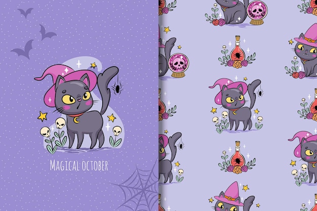 Vetor cartão bonito do gato de halloween e padrão perfeito ilustração assustadora para a temporada assustadora