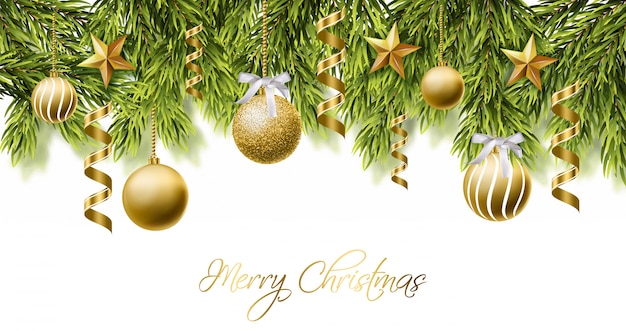 Cartão branco de feliz natal com bolas de brilho dourado