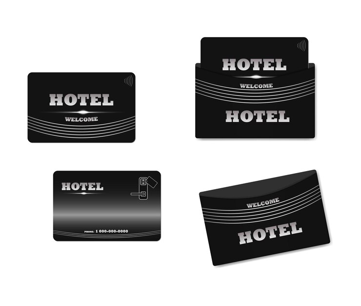 Vetor cartão-chave rfid de hotel preto com modelo de vetor de suporte de porta-chaves estojo de cartão de plástico