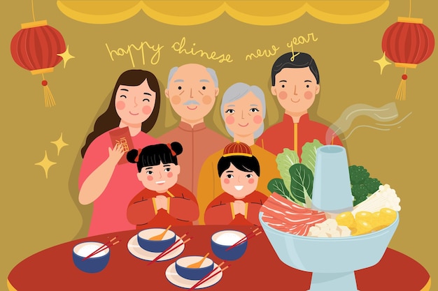 Cartão cny, jantar em família feliz comemora o ano novo chinês