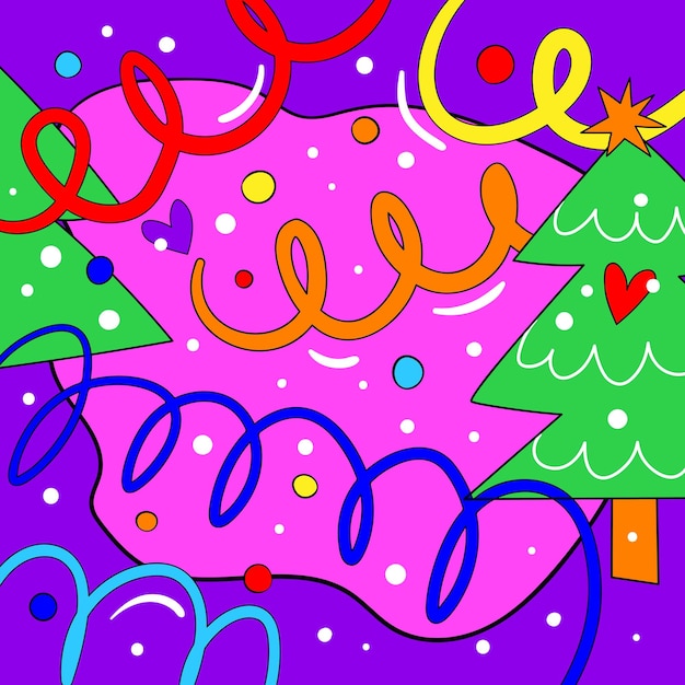 Vetor cartão colorido de festa de natal louco com árvore de natal e decorações de natal
