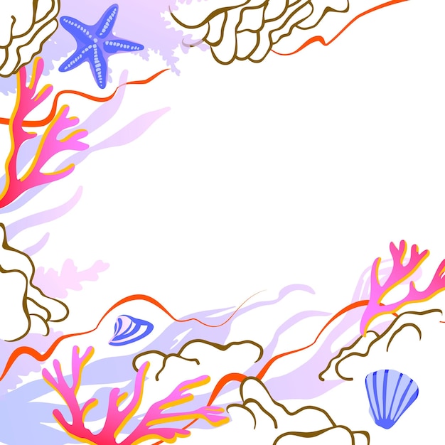 Vetor cartão com a cena do mar corais e plantas marinhas em fundo branco