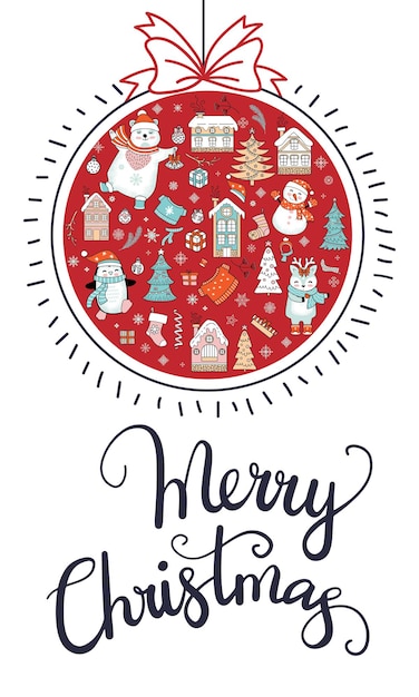Cartão com bola vermelha de natal, letras e elementos de natal. ilustração vertical do vetor.