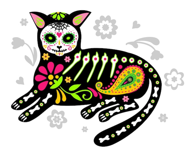 Cartão com esqueleto de gato com flores coloridas gatos coloridos dia dos mortos dia de los muertos