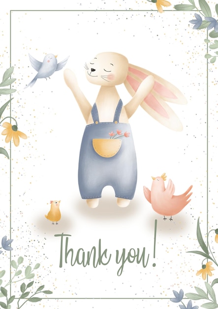 Cartão com flores de pássaro de frango coelhinho da Páscoa no fundo branco