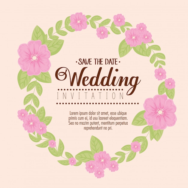 Cartão com moldura circular de flores cor de rosa, convite de casamento com decoração de flores cor de rosa