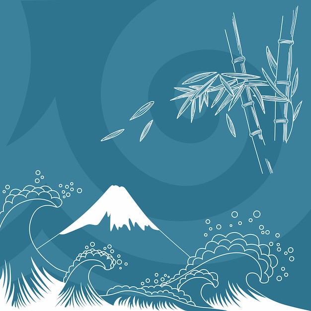 Cartão com ondas do mar do monte fuji e árvore de bambu
