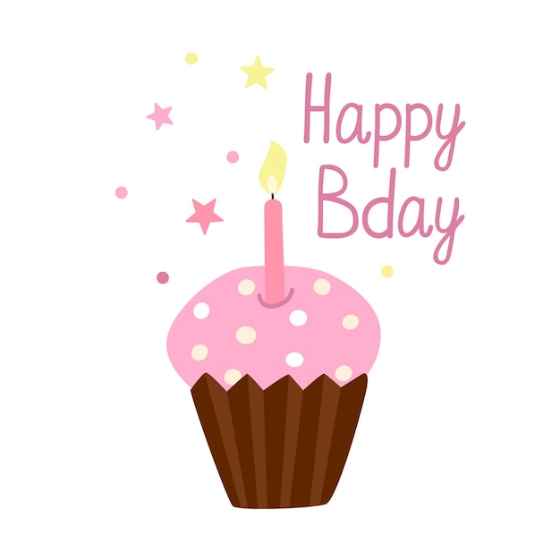 Vetor cartão com um cupcake de aniversário com vela acesa