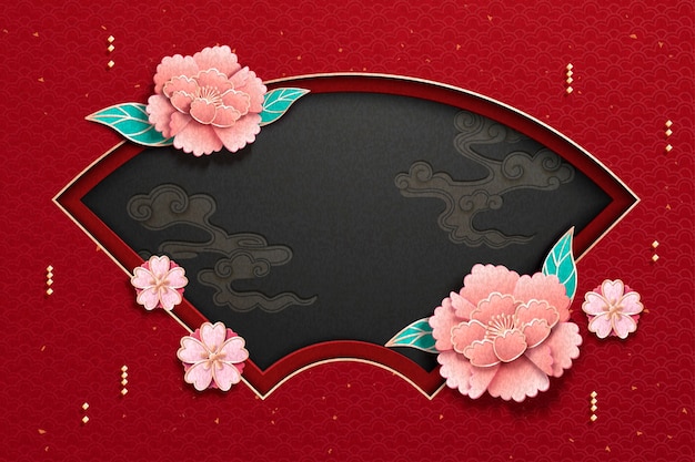 Cartão comemorativo do ano lunar com decorações de peônia