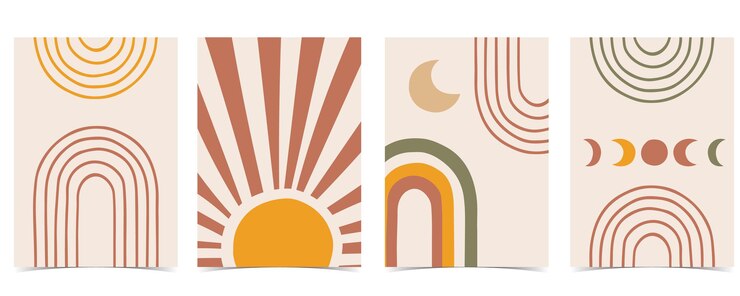 Vetor cartão contemporâneo com arco-íris, sol