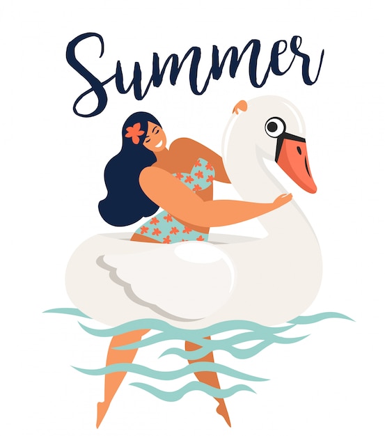 Cartão da ilustração das horas de verão com natação da menina do pinup no círculo do flutuador do animal.
