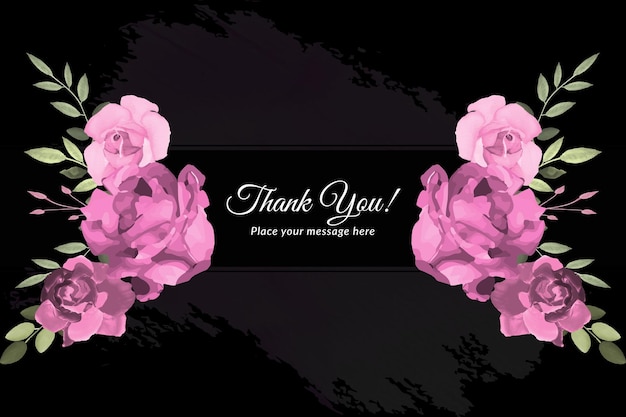 Cartão de agradecimento com rosas cor de rosa e folhas verdes com aquarela vetor grátis