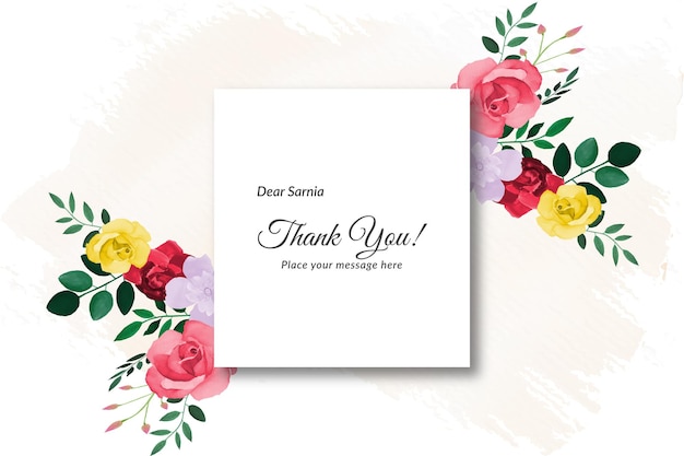 Cartão de agradecimento com rosas vermelhas e folhas verdes com aquarela vetor grátis