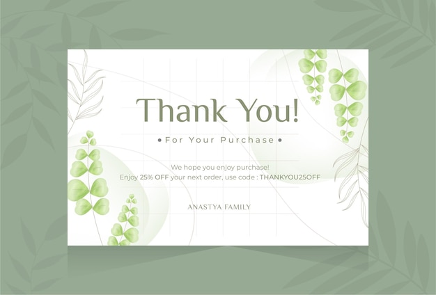 Cartão de agradecimento elegante com modelo de design de folhas verdes