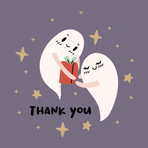 Cartão de agradecimento ilustrado do dia das bruxas com dois fantasmas. Presente dando cartão de agradecimento.