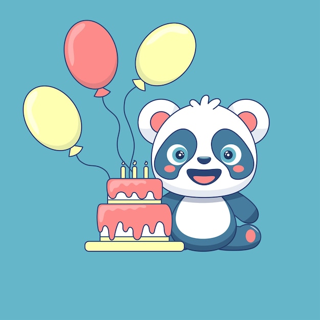 Cartão de aniversário com bonitos balões de urso panda e bolo bonita ilustração vetorial de bebê animal Kawaii