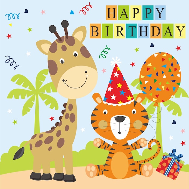 Cartão de aniversário com girafa e tigre
