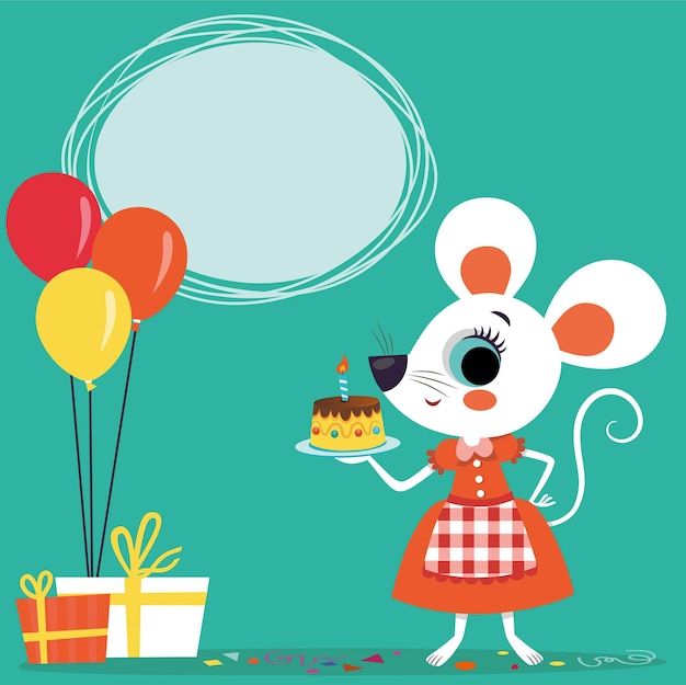 Cartão de aniversário com personagem de desenho animado de mouse