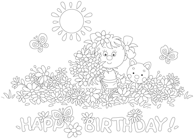 Cartão de aniversário com uma menina feliz entre belas flores de verão e borboletas voando alegremente