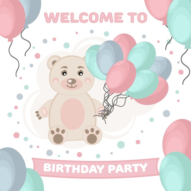 cartão de aniversário com ursinho de pelúcia e balões
